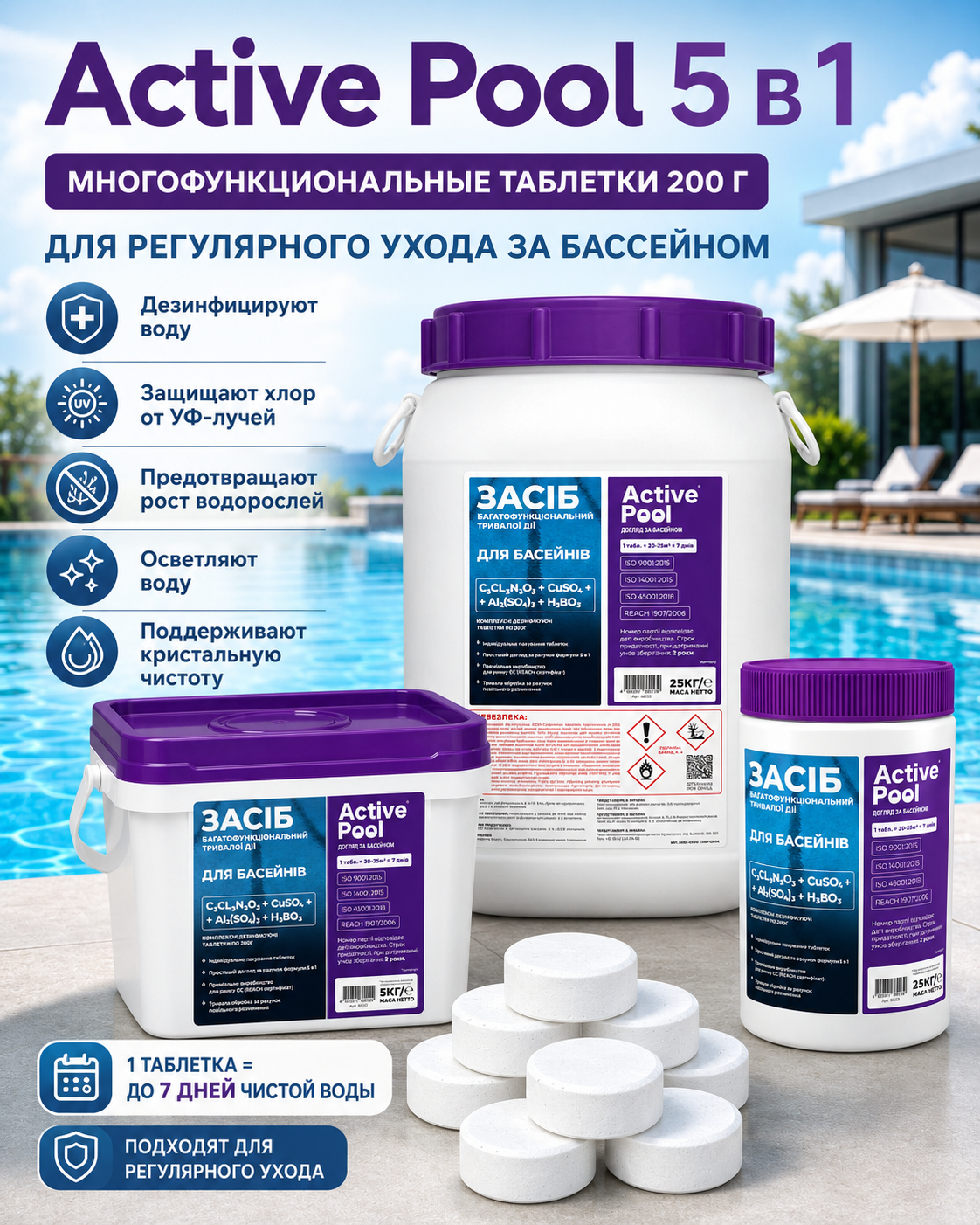 Active Pool 5 в 1 — многофункциональные таблетки 200 г для регулярного ухода за бассейном Active Pool 5 в 1 многофункциональные таблетки 200 г для бассейна