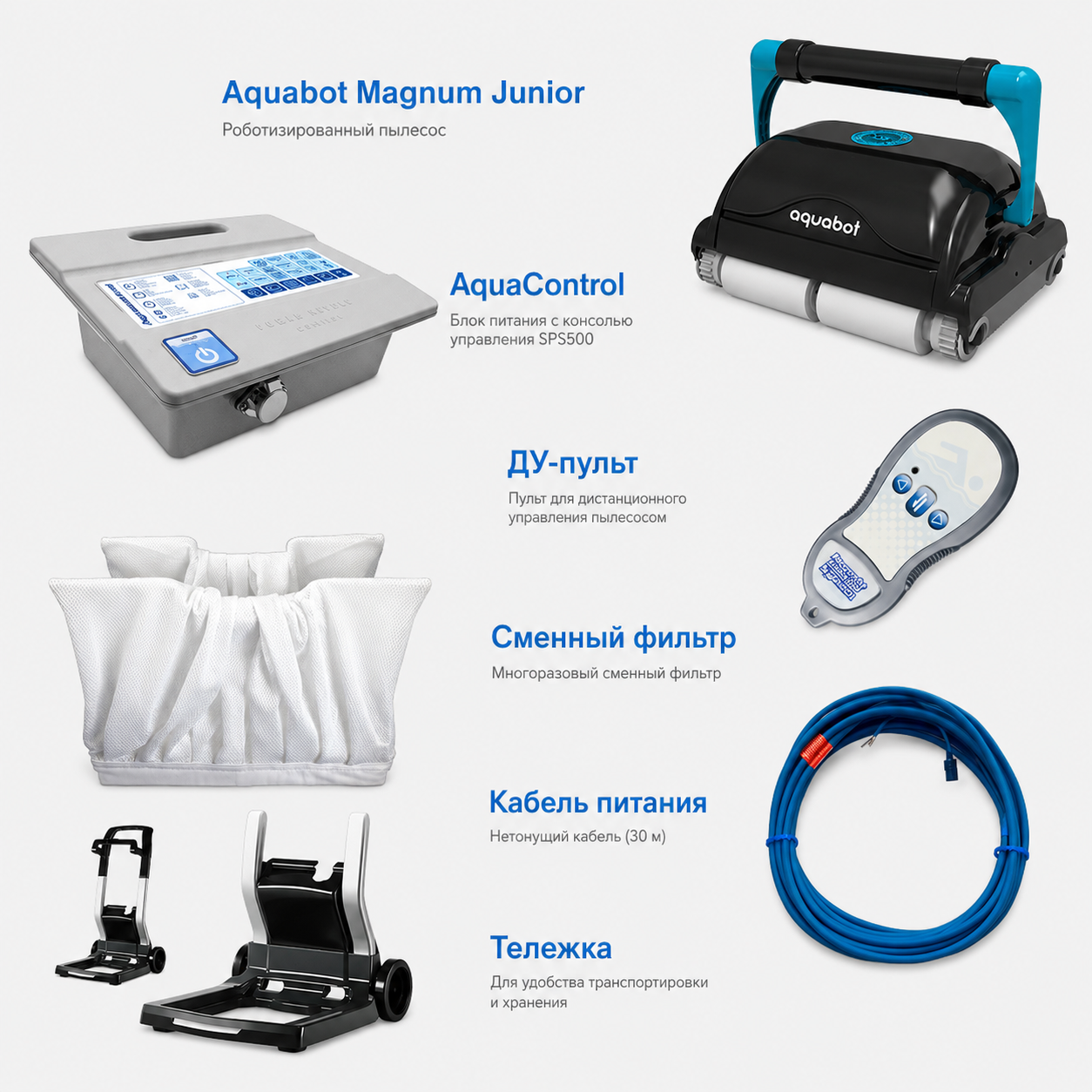 Комплектация робота-пылесоса Aquabot Magnum Junior: AquaControl, пульт, фильтр, кабель и тележка