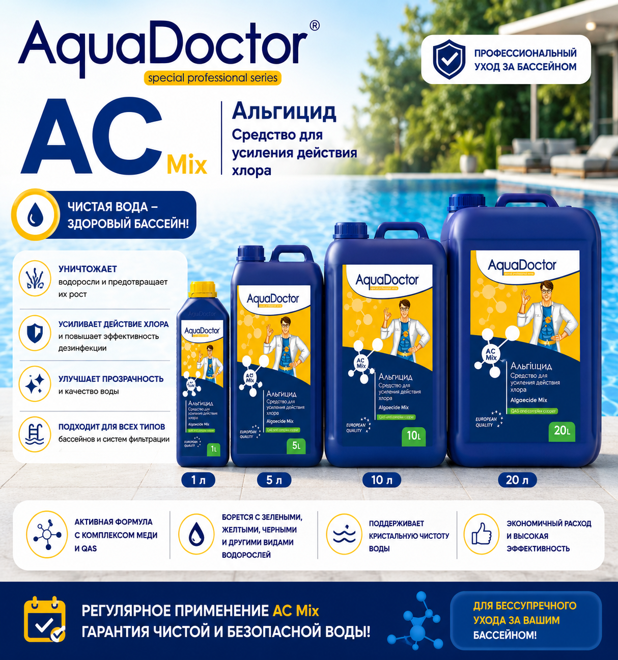 AquaDoctor AC MIX — быстродействующий непенящийся альгицид для бассейна