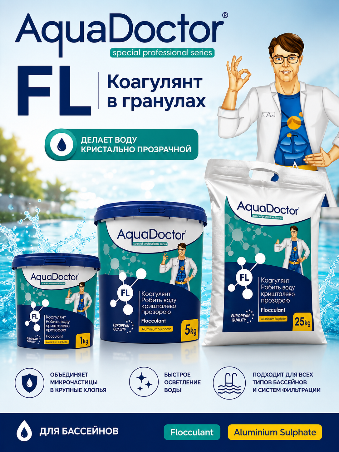AquaDoctor FL в гранулах — коагулянт для осветления мутной воды в бассейне