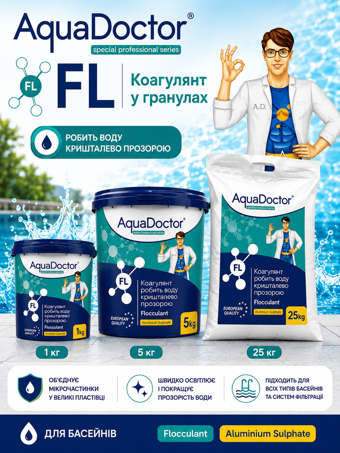 AquaDoctor FL у гранулах — коагулянт для освітлення каламутної води в басейні