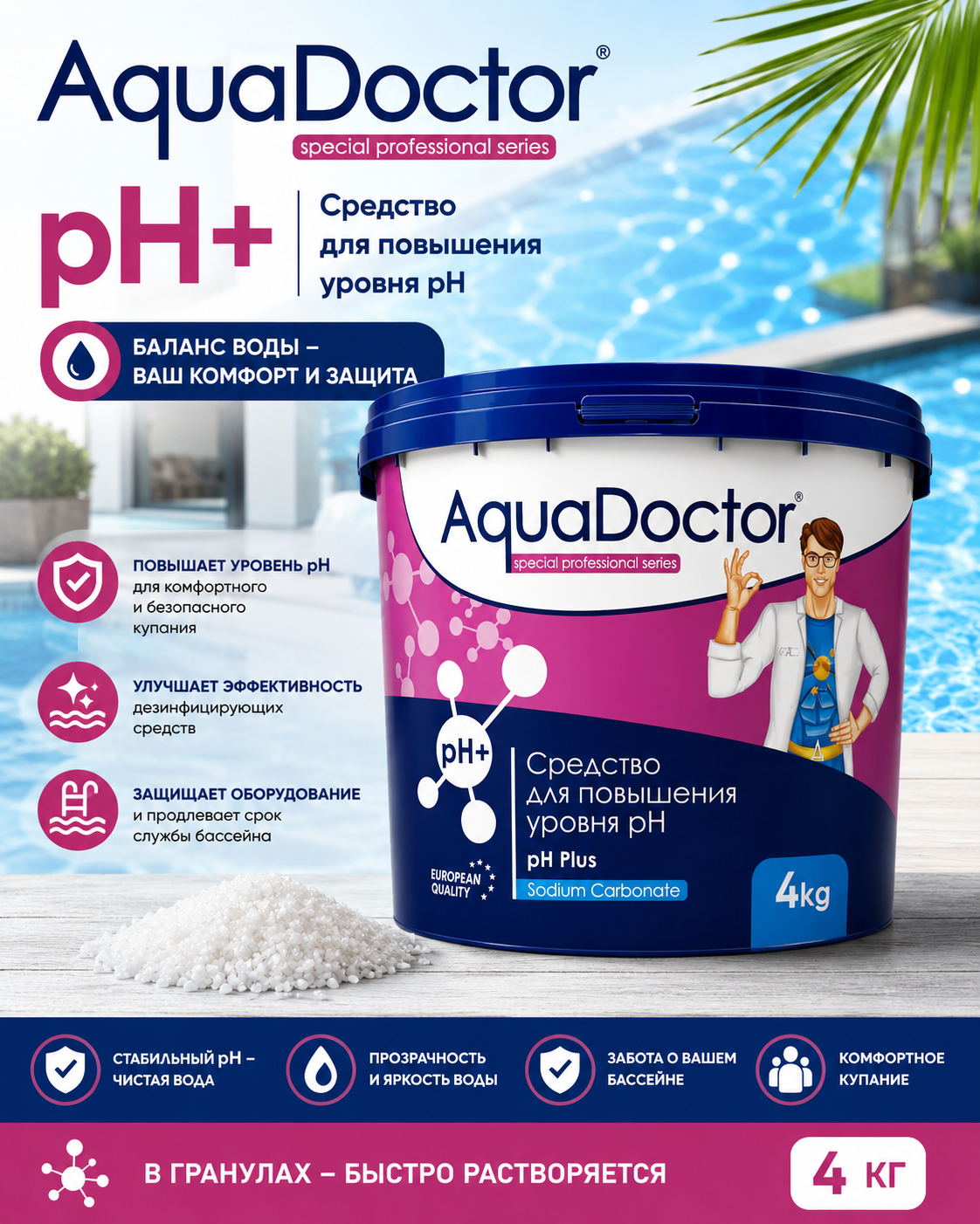 AquaDoctor pH Plus 4 кг — гранулированное средство для повышения уровня pH в бассейне