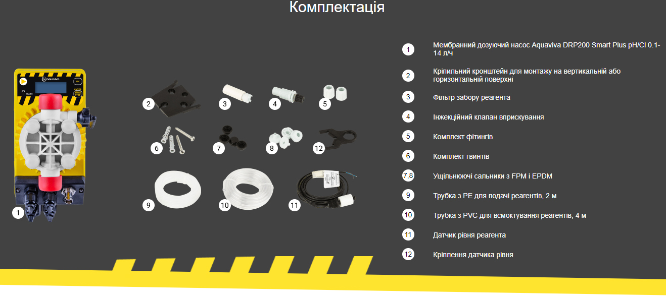 комплект поставки до дозуючого насоса AquaViva Ph/Cl 5л/год (DRP200NPE0005)