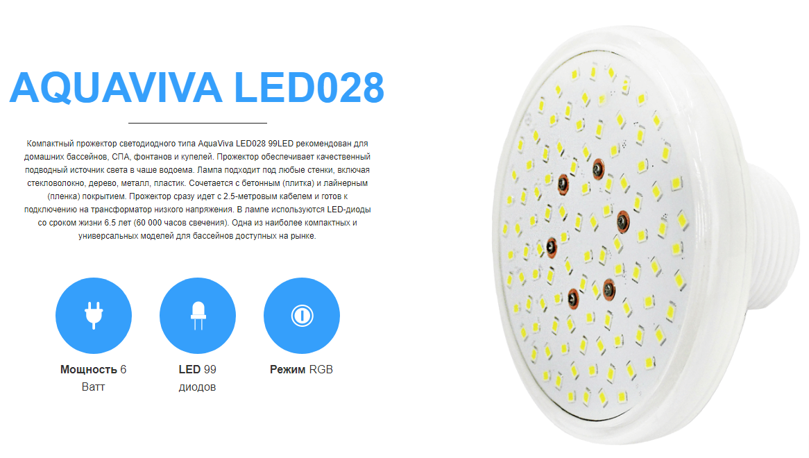 Светодиодный прожектор для бассейна Aquaviva LED028
