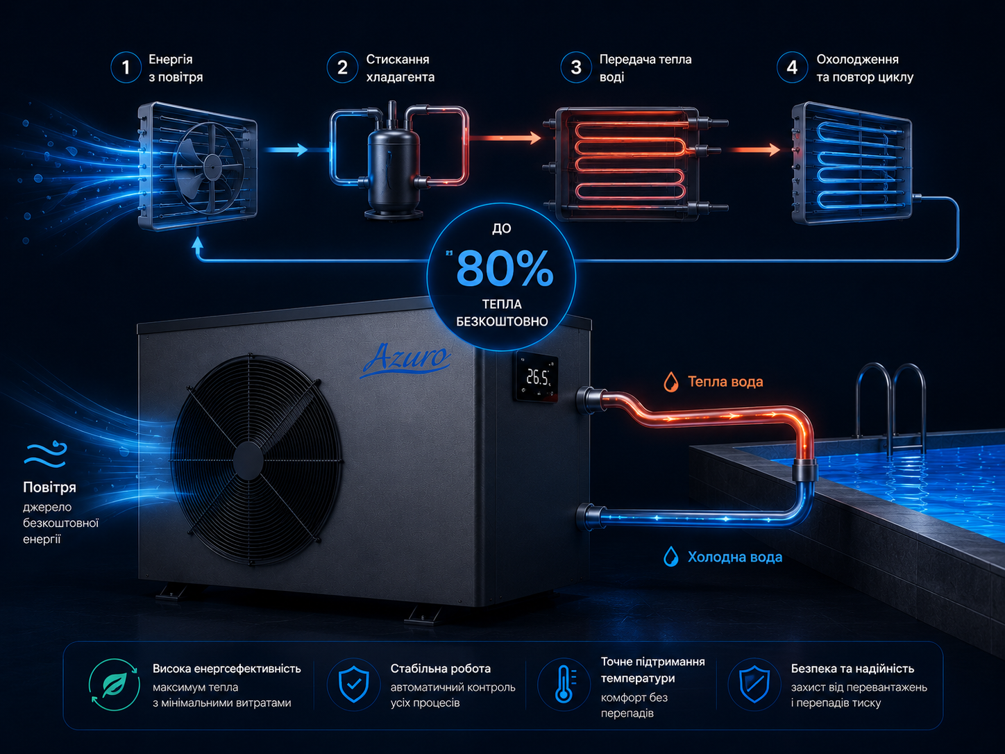 Принцип роботи теплового насоса Azuro Inver Core 17 кВт