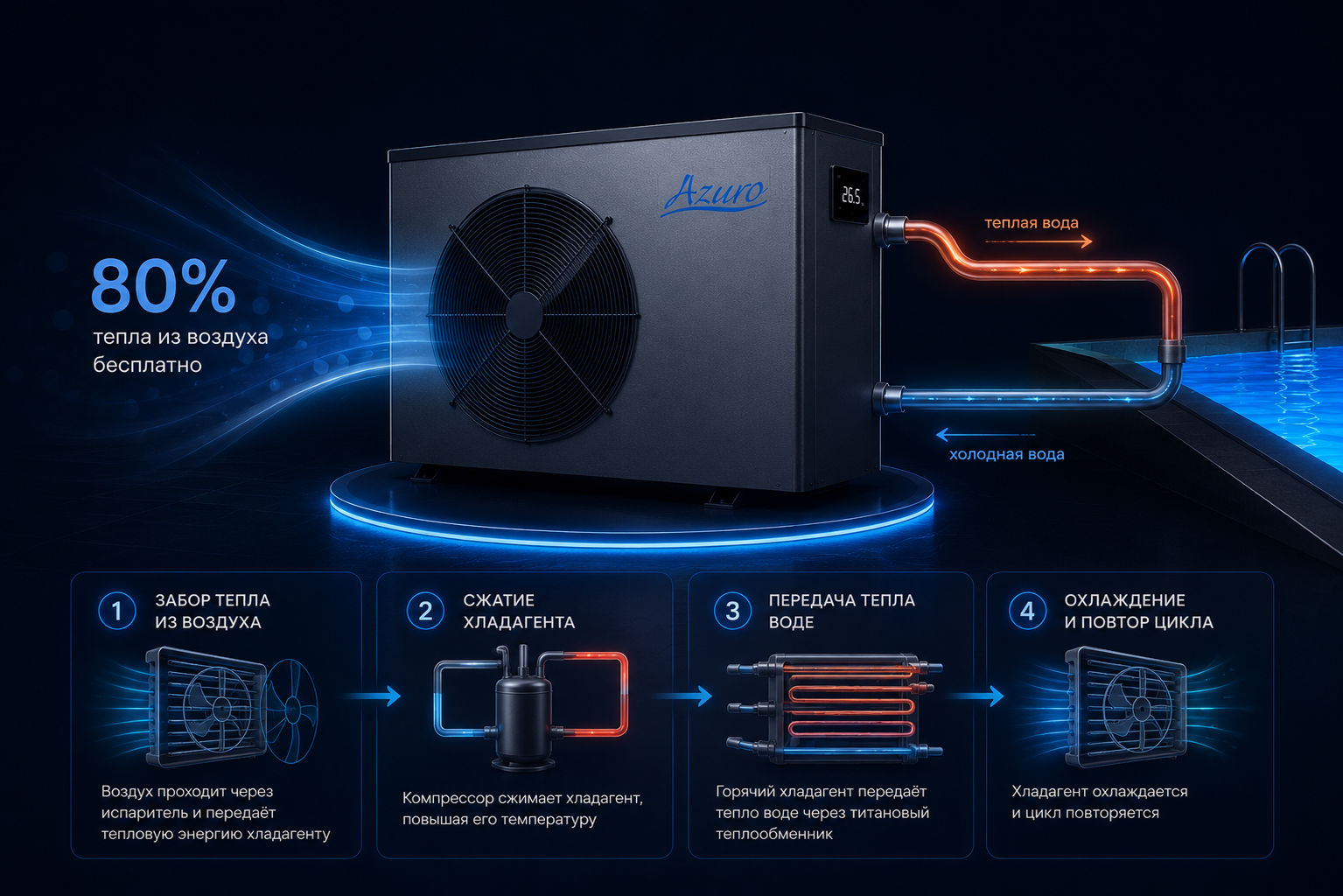 Принцип работы теплового насоса Azuro Inver Core 17 кВт