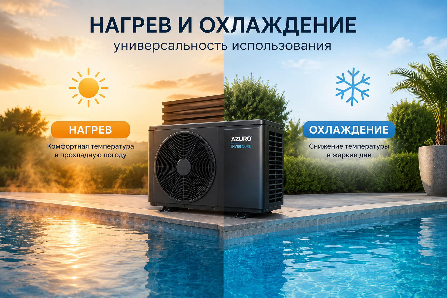 Нагрев и охлаждение воды тепловым насосом Azuro Inver Core 17 кВт