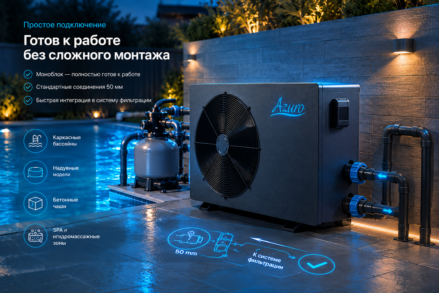 Моноблочный тепловой насос Azuro 8 NK Простое подключение теплового насоса Azuro 8 NK