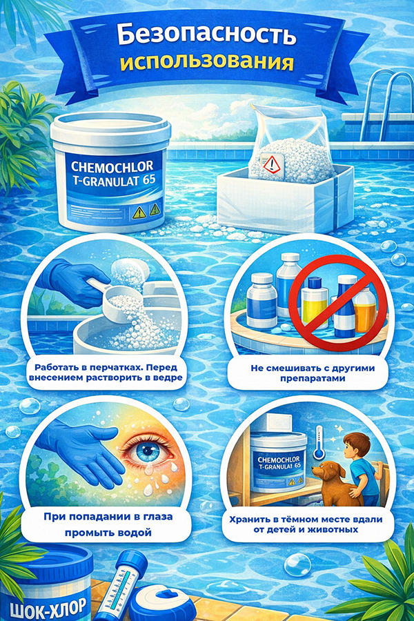 Безопасное использование химии для бассейна Chemochlor T-Granulat 65