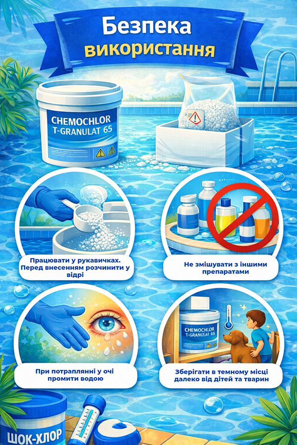 Безпечне використання хімії для басейну Chemochlor T-Granulat 65