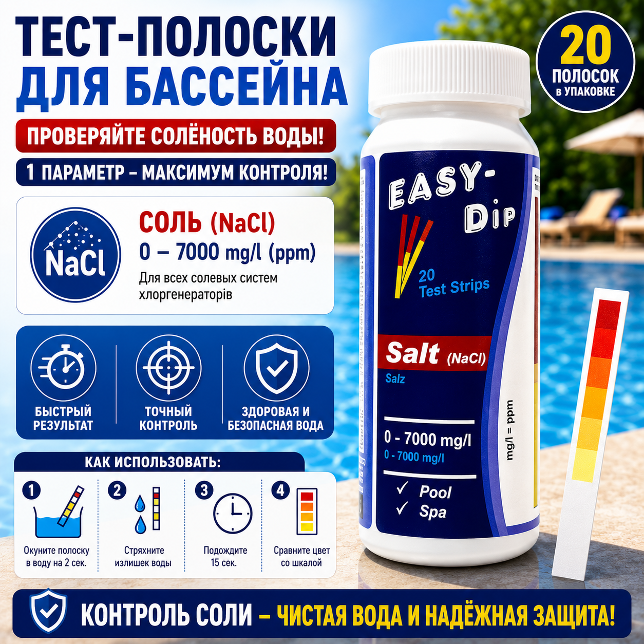 Тестер Water-I.D Easy-Dip NaCl для бассейна и SPA