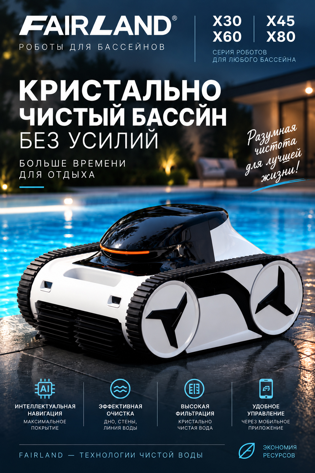 Беспроводной робот-пылесос Fairland серии X возле бассейна