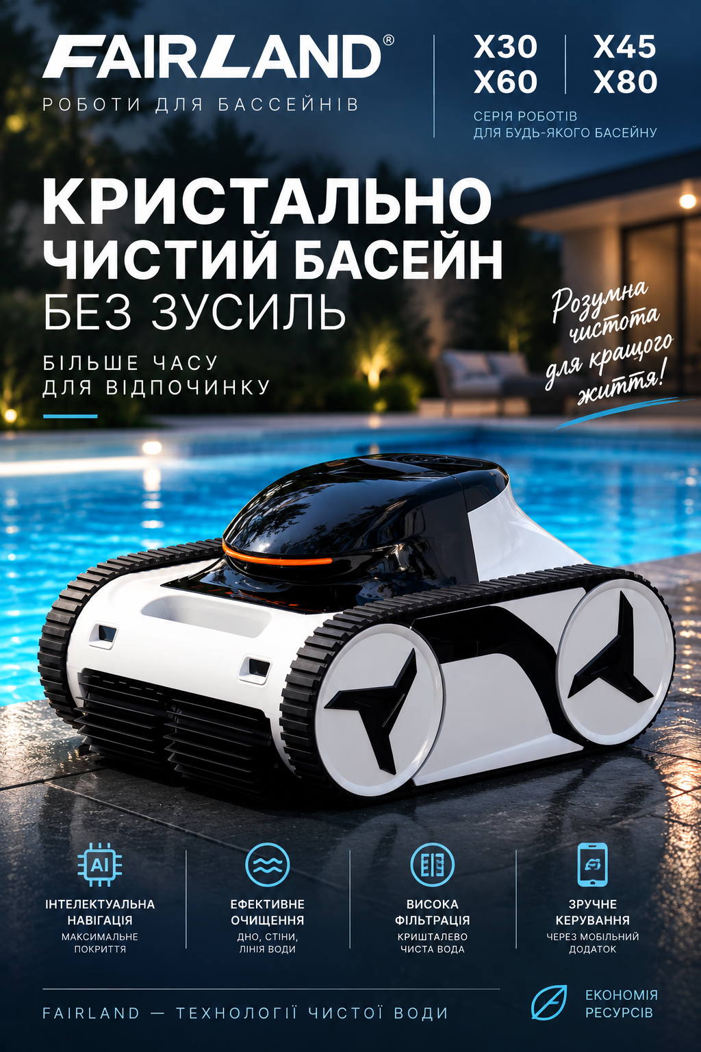 Бездротовий робот-пилосос Fairland серії X біля басейну