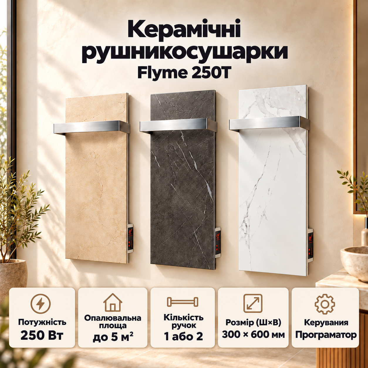 Керамічні рушникосушарки Flyme 250T: три оздоблення, потужність 250 Вт і програматор