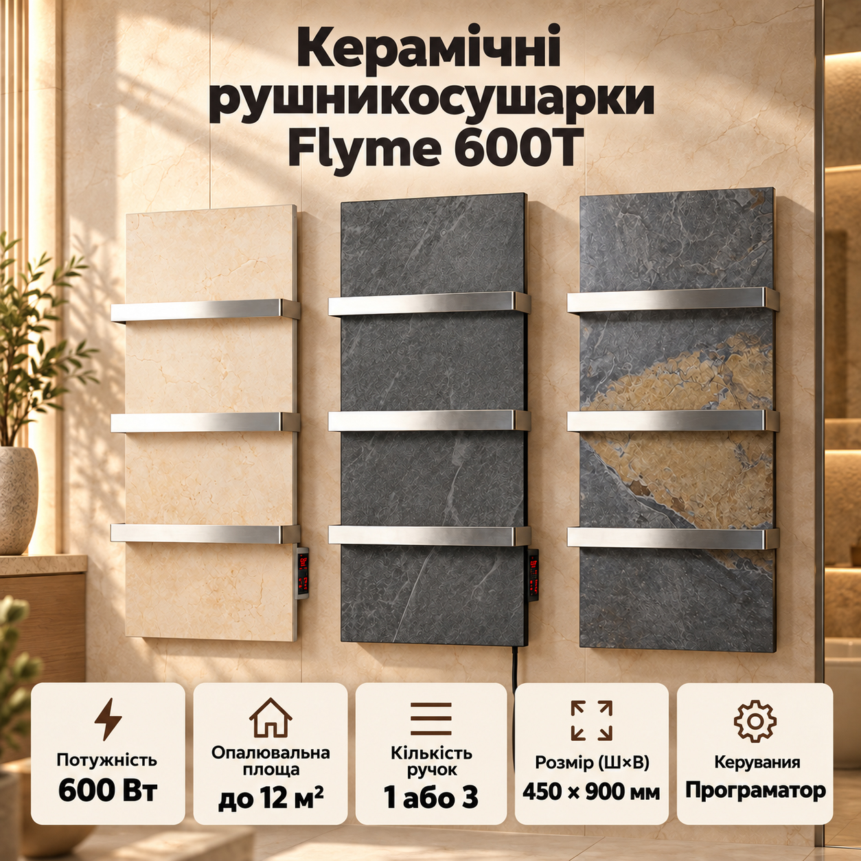 Керамічні рушникосушарки Flyme 600T: бежевий, графіт і сланець, потужність 600 Вт