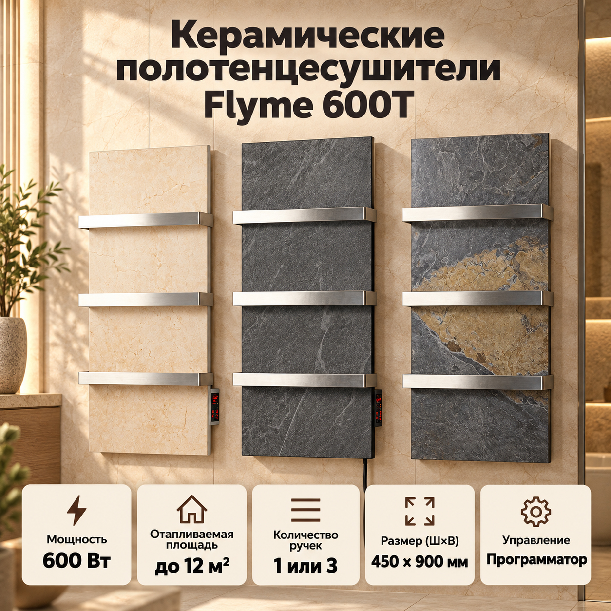 Керамические полотенцесушители Flyme 600T: бежевый, графит и сланец, мощность 600 Вт