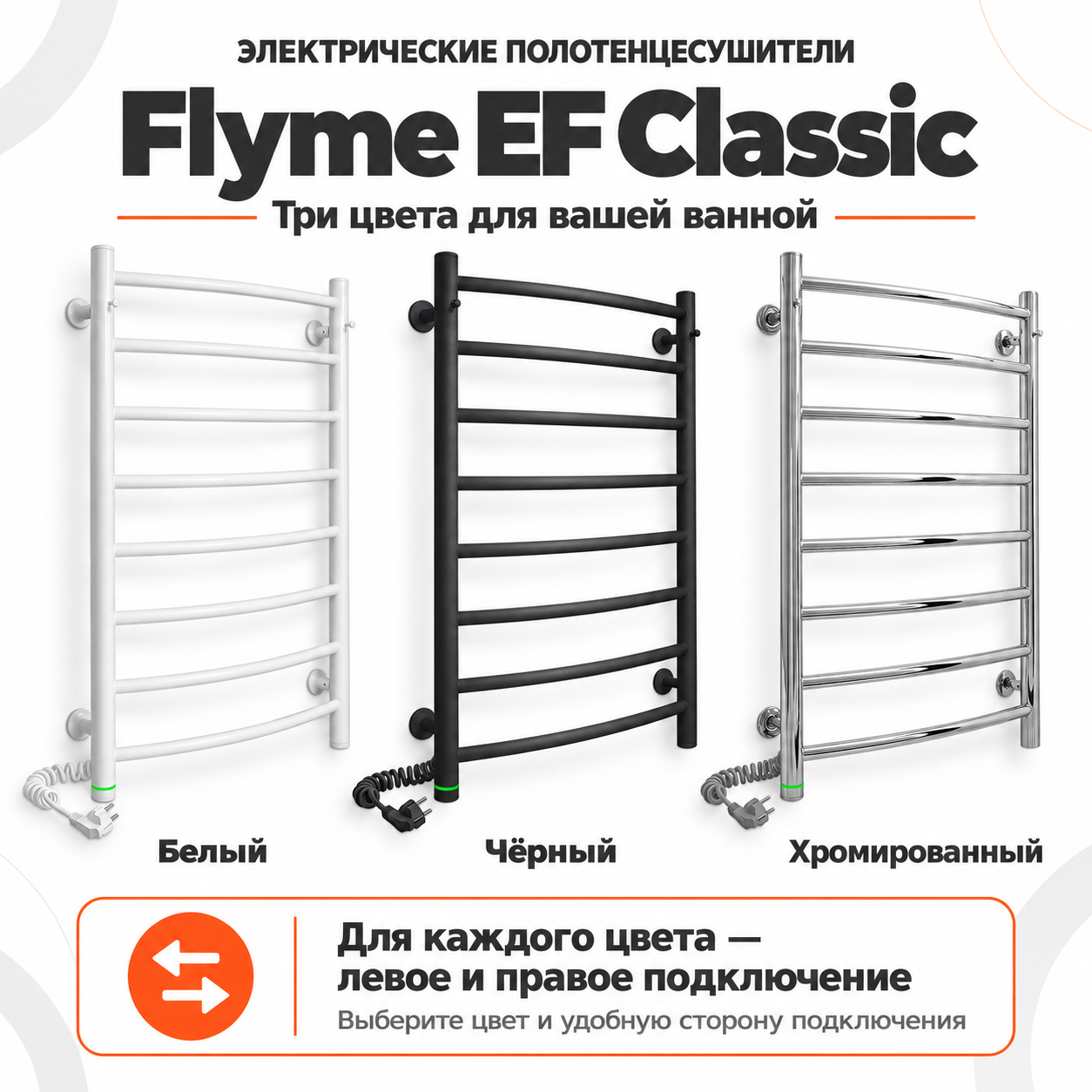 Полотенцесушитель Flyme EF Classic 8L из нержавеющей стали с левым подключением и сенсорным управлением