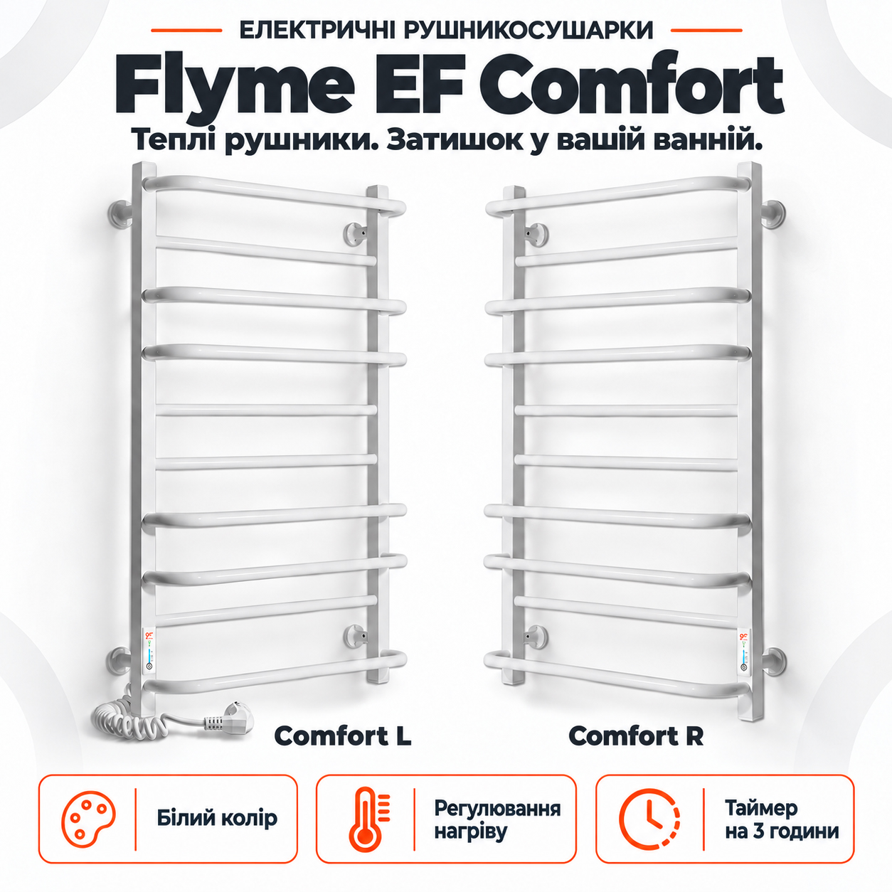 Біла електрична рушникосушарка Flyme EF Comfort з десятьма перекладинами у ванній кімнаті