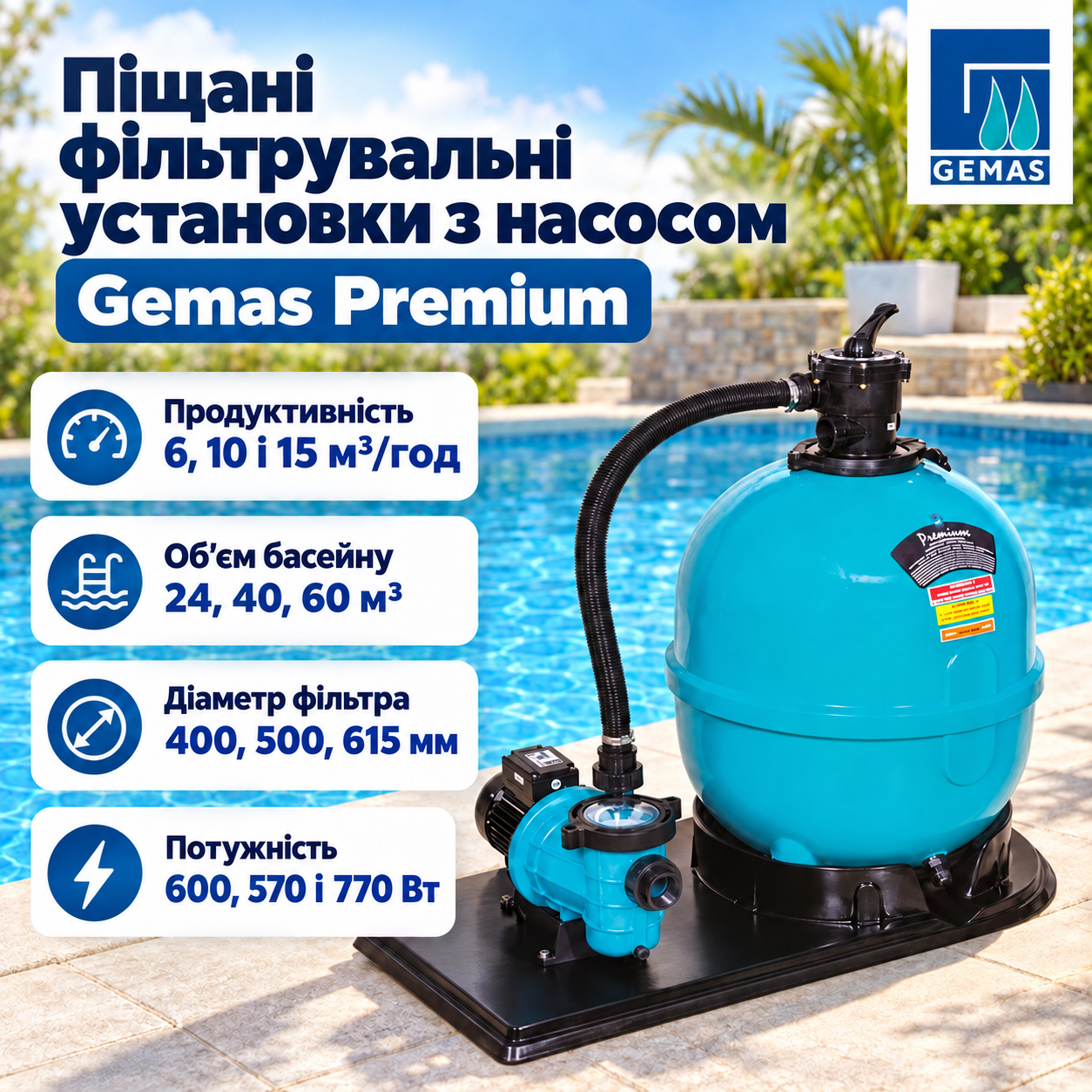 Фільтрувальна установка Gemas Premium Піщана фільтрувальна установка Gemas Premium з насосом на спільній платформі