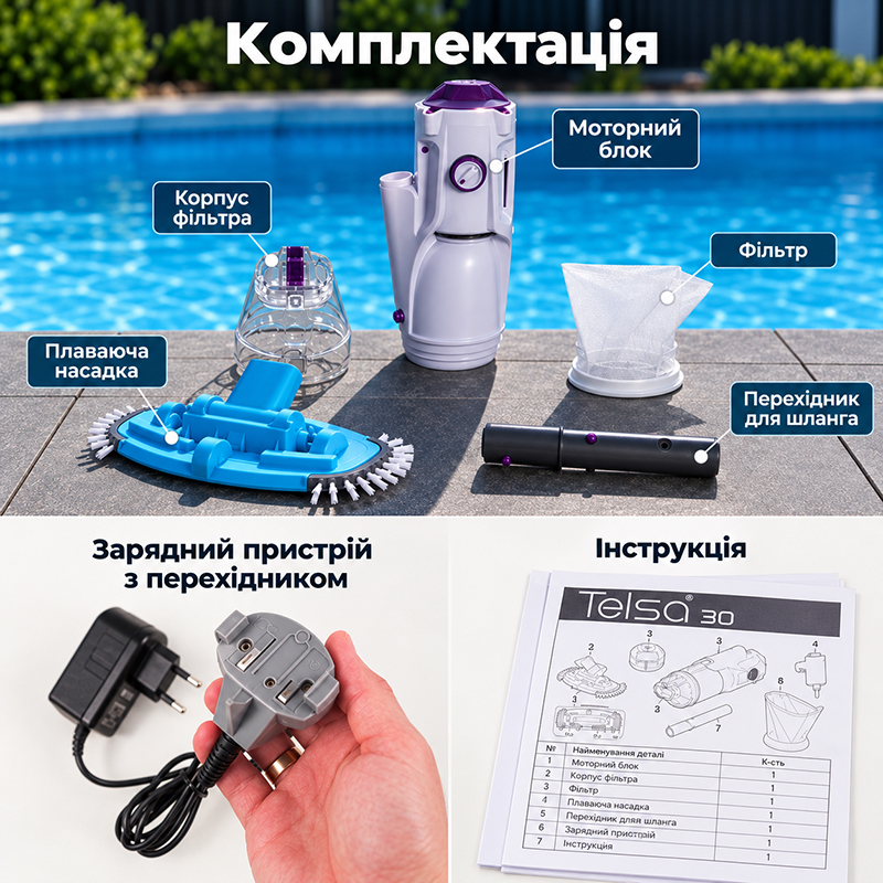 Комплект Telsa 30: пилосос, фільтр, насадка, перехідник для штанги, зарядний пристрій та інструкція