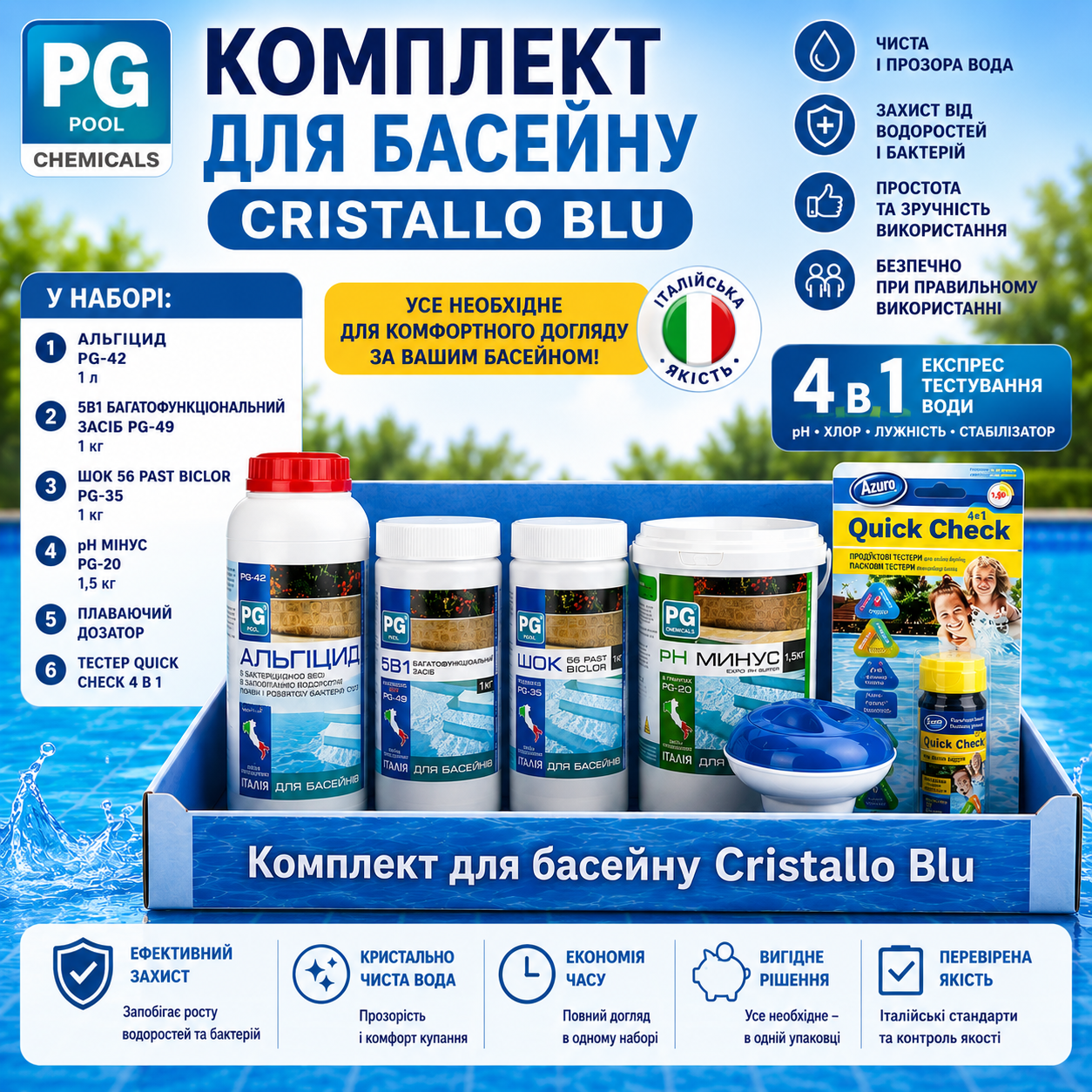 Комплект хімії Cristallo Blu для басейну до 30 м3