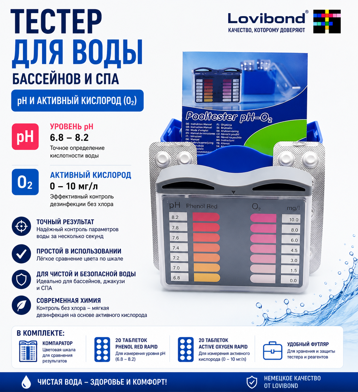 Тестер Lovibond O2 pH в синей пластиковой коробке