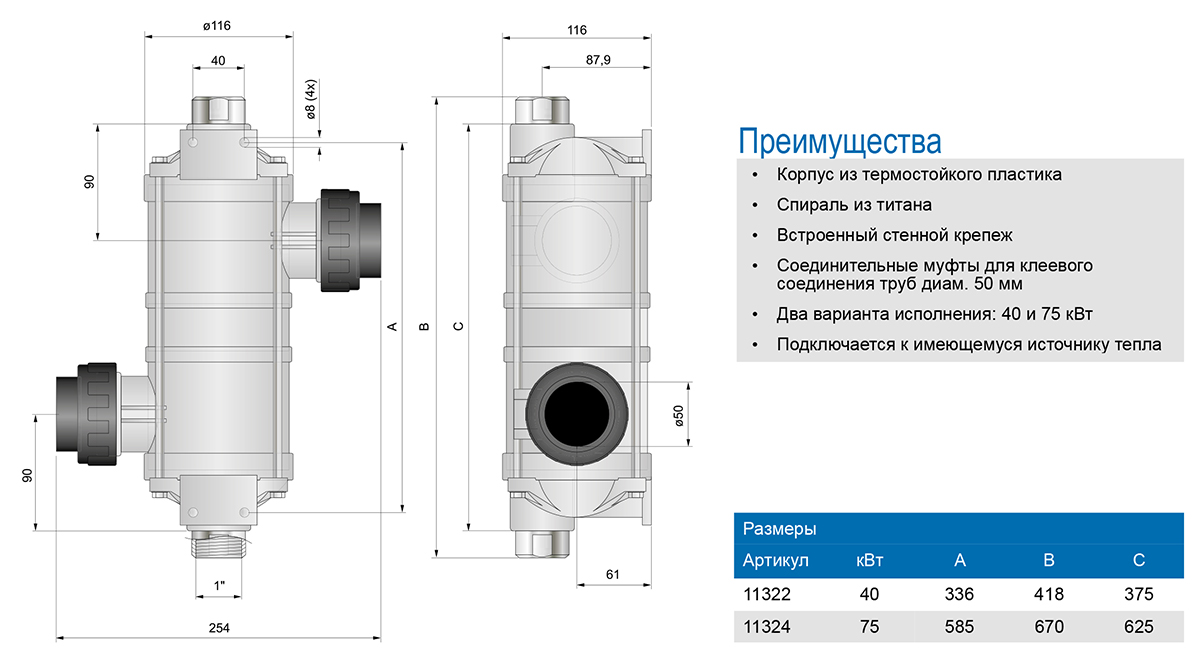 Габаритные размеры теплообменника для бассейна Pahlen Hi–Temp HTT