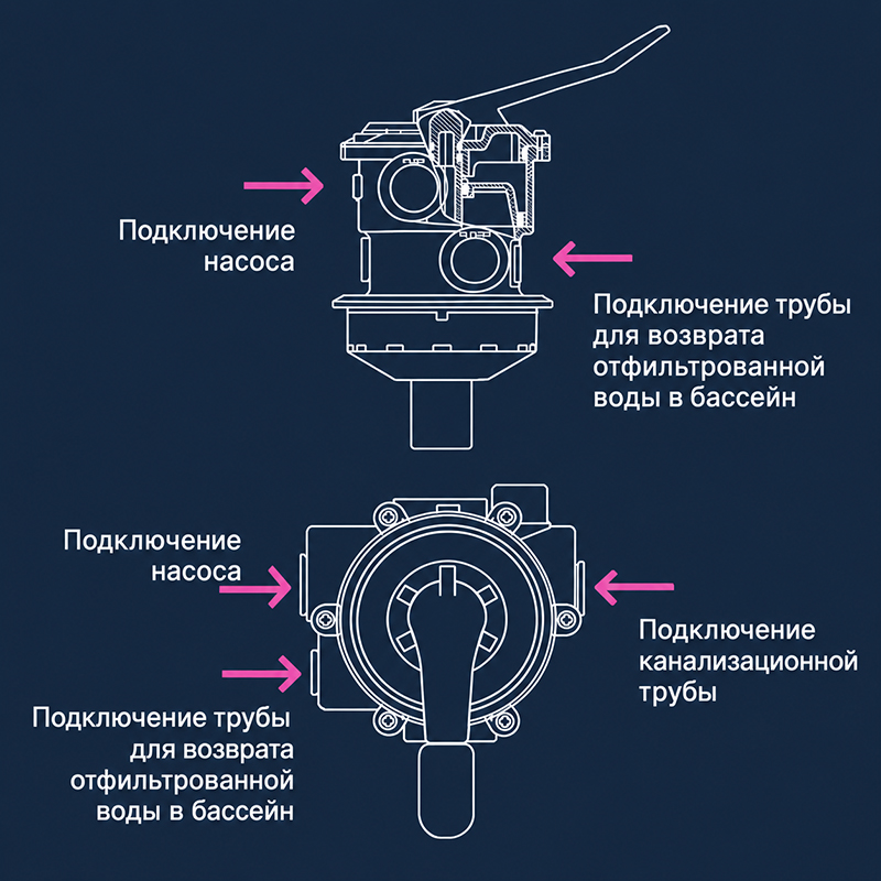 Общая схема портов шестипозиционного клапана: насос, возврат и сброс