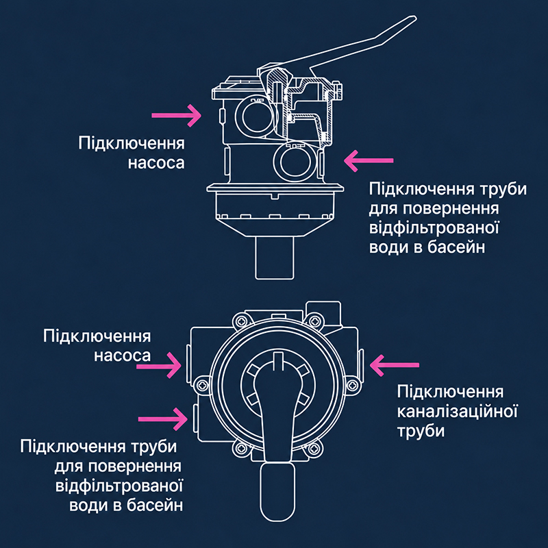 Загальна схема портів шестипозиційного клапана: насос, повернення та скидання