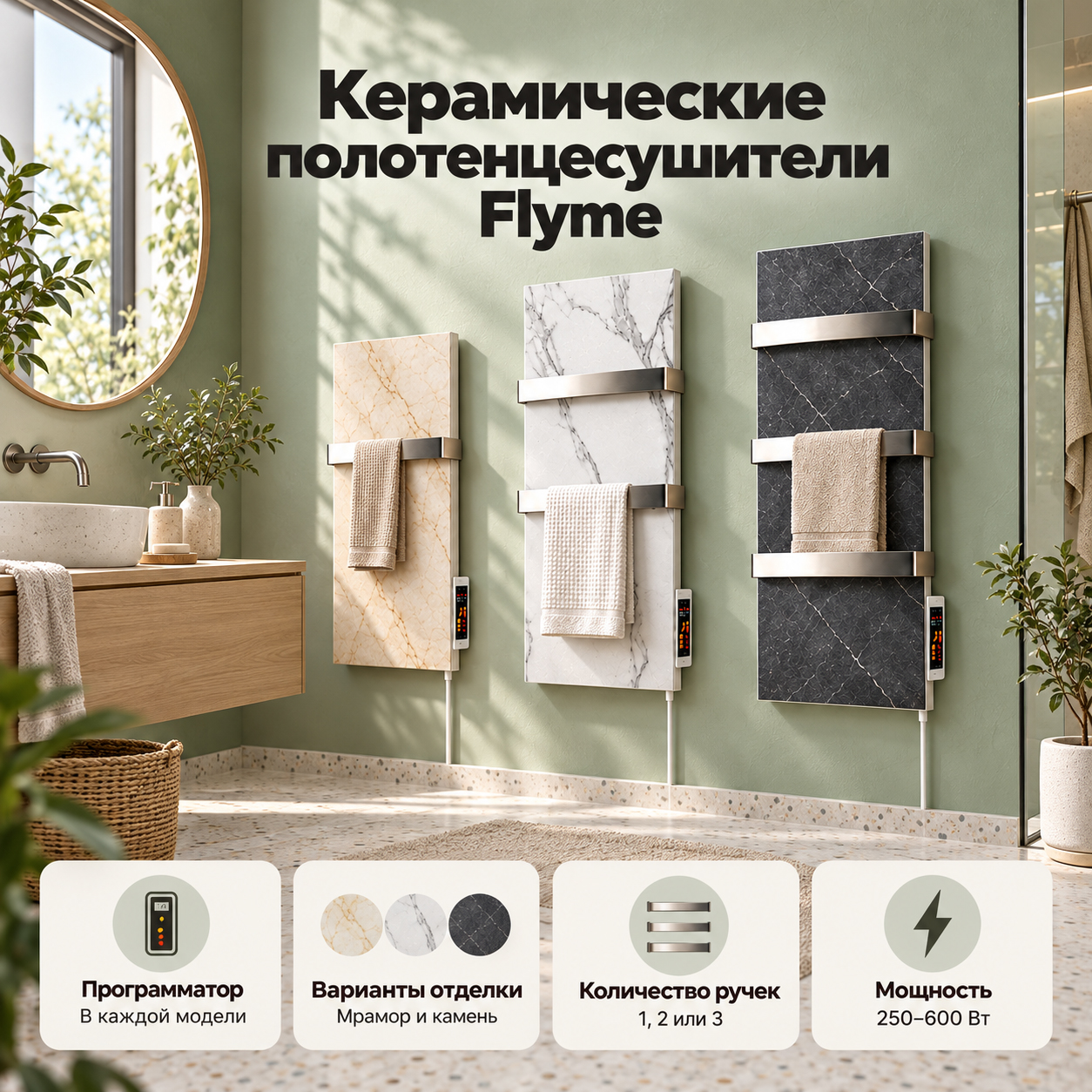 Керамические полотенцесушители Flyme: варианты отделки, мощности и держателей с программатором