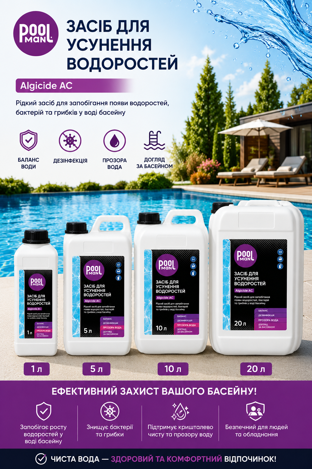 Альгіцид Poolman Algicide AC для басейну проти водоростей, плісняви та бактерій