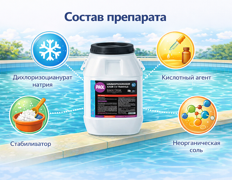состав шок-хлора Poolman Shock Chlor G60 для очистки воды в бассейне