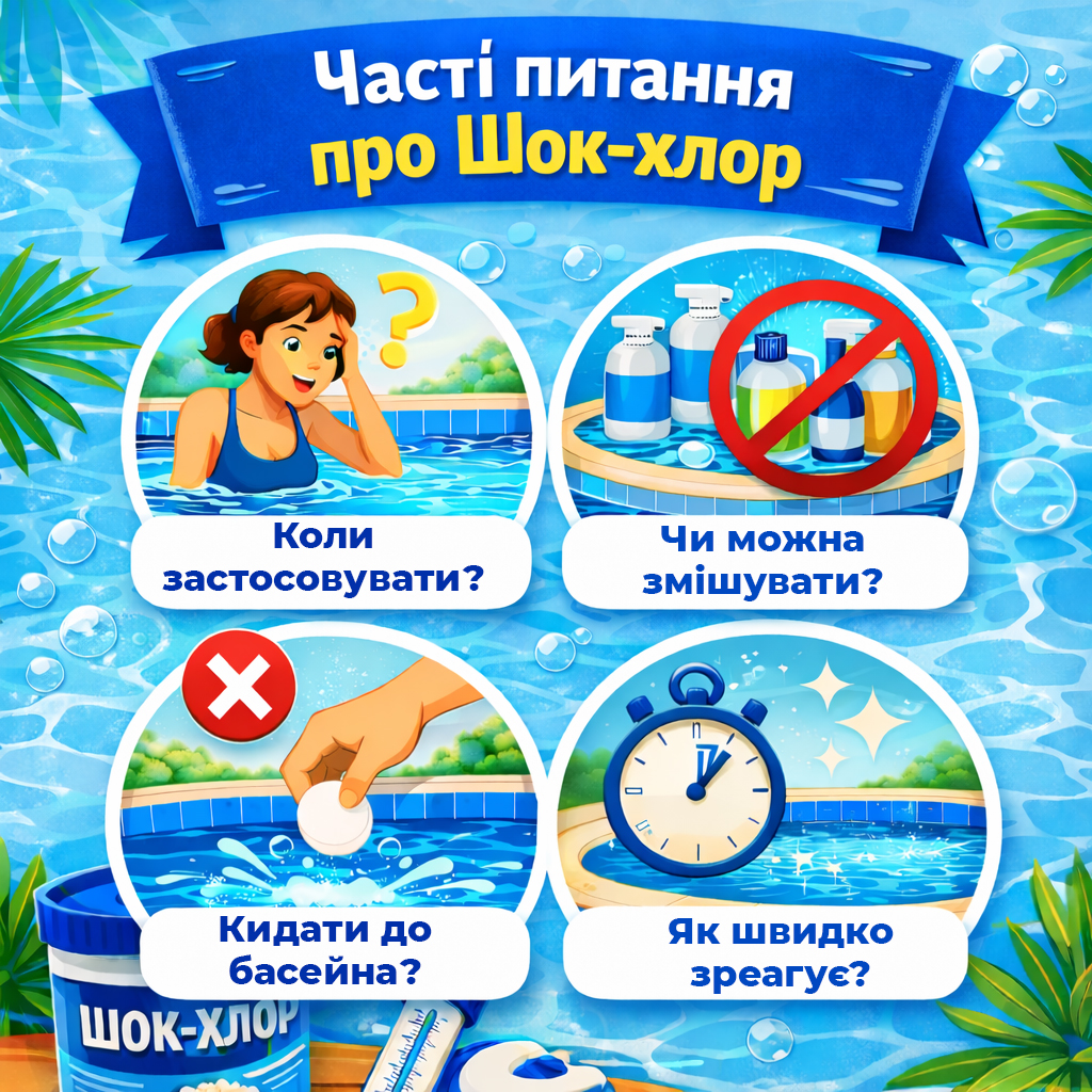 FAQ про застосування шок-хлору Poolman Shock Chlor T60 часті питання про шок-хлор Poolman Shock Chlor T60