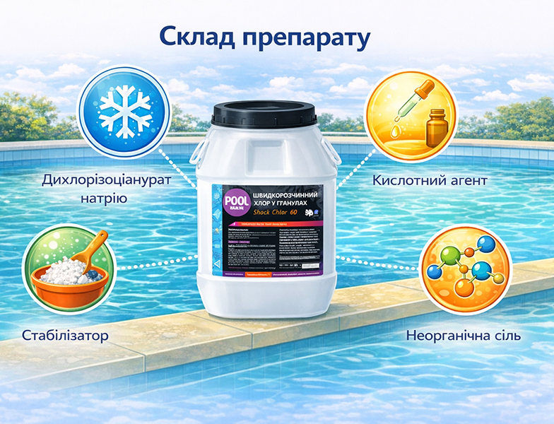 склад шок-хлору Poolman Shock Chlor G60 для очищення води в басейні
