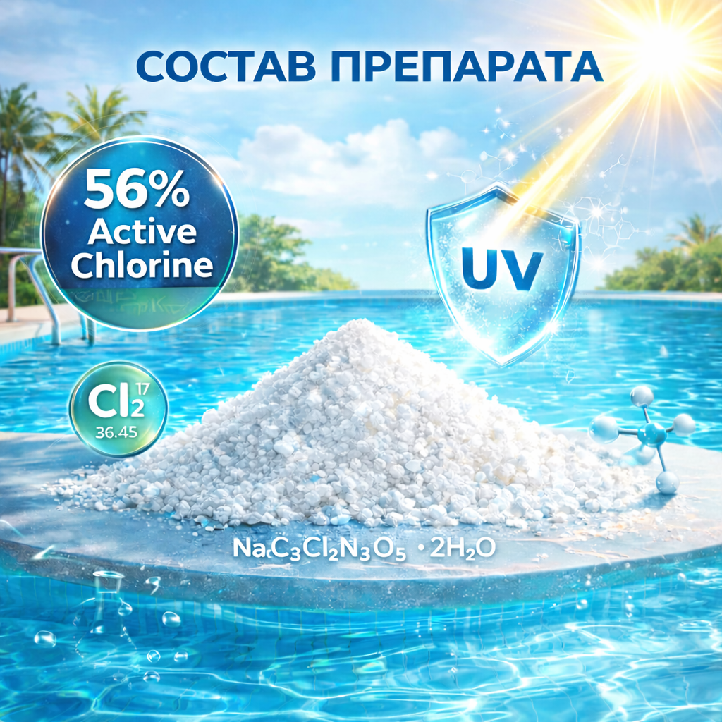 состав шок-хлора Poolman Shock Chlor T60 для очистки воды в бассейне