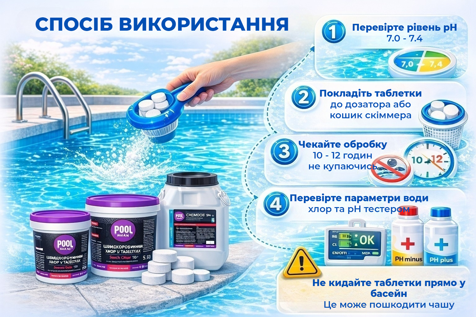 спосіб застосування шок-хлору Poolman Shock Chlor T60