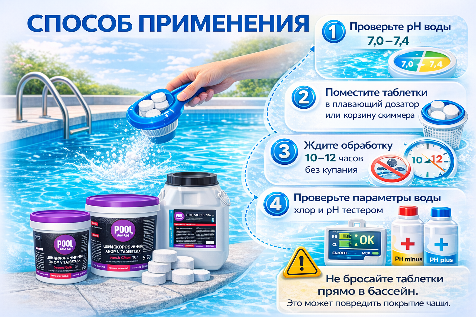 способ применения шок-хлора Poolman Shock Chlor T60