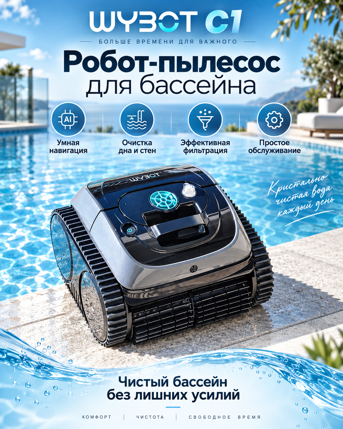 WYBOT C1 OS7010C — беспроводной робот-пылесос для бассейна