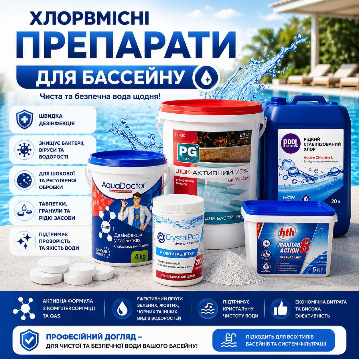 Хлоровмісні препарати для басейну Хлоровмісні препарати для басейну